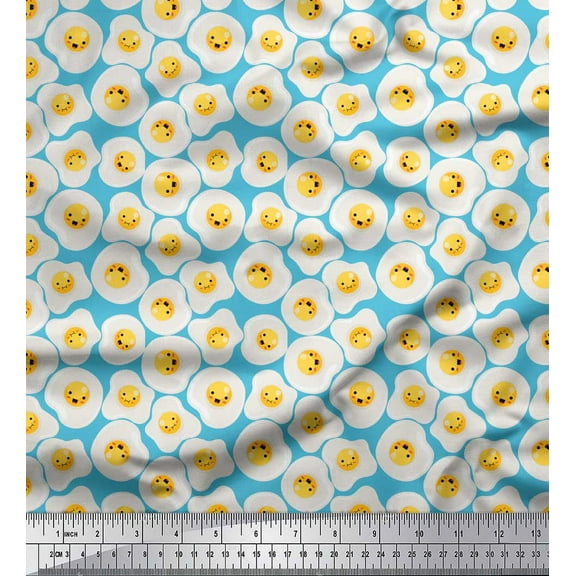 Soimoi Blue Cotton Voile Fabric Omelette Food Fabric Prints By Yard 42 Inch Wide
