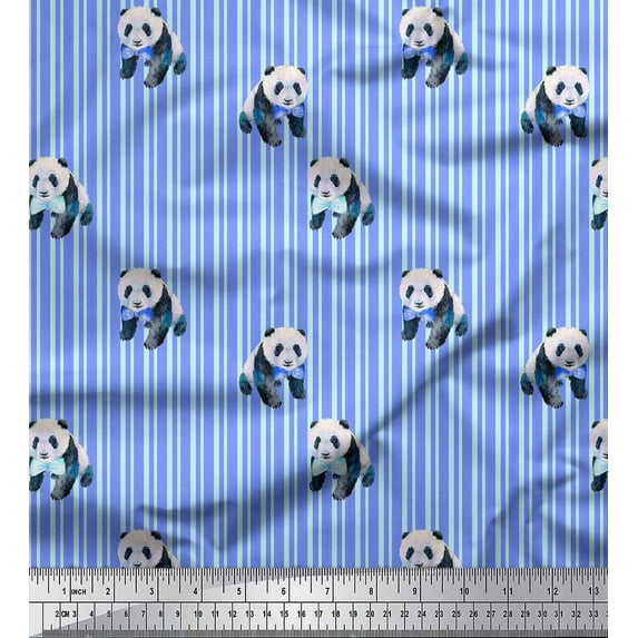 Soimoi Blue Cotton Voile Fabric Panda & Stripe Print Sewing Fabric Yard 42 Inch Wide