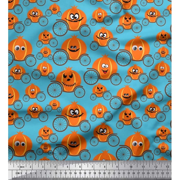 Soimoi Blue Cotton Voile Fabric Pumpkin Cart Nursery Themes Print Fabric by the Yard 42 Inch Wide