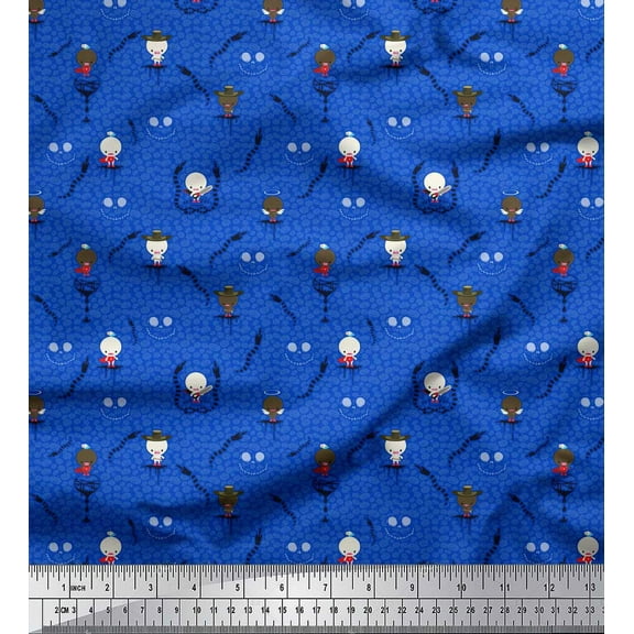 Soimoi Blue Cotton Voile Fabric Pumpkin,Snake & Devil Cartoon Print Fabric by the Yard 42 Inch Wide