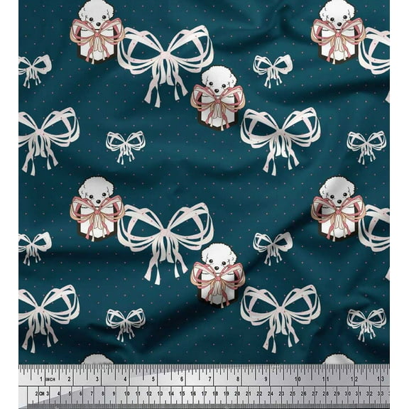 Soimoi Blue Cotton Voile Fabric Puppy & Bow Dots Printed Craft Fabric by the Yard 42 Inch Wide