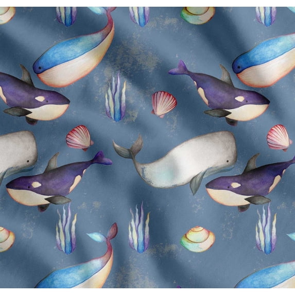 Soimoi Blue Cotton Voile Fabric Shell & Whale Fish Ocean Print Sewing Fabric BTY 58 Inch Wide