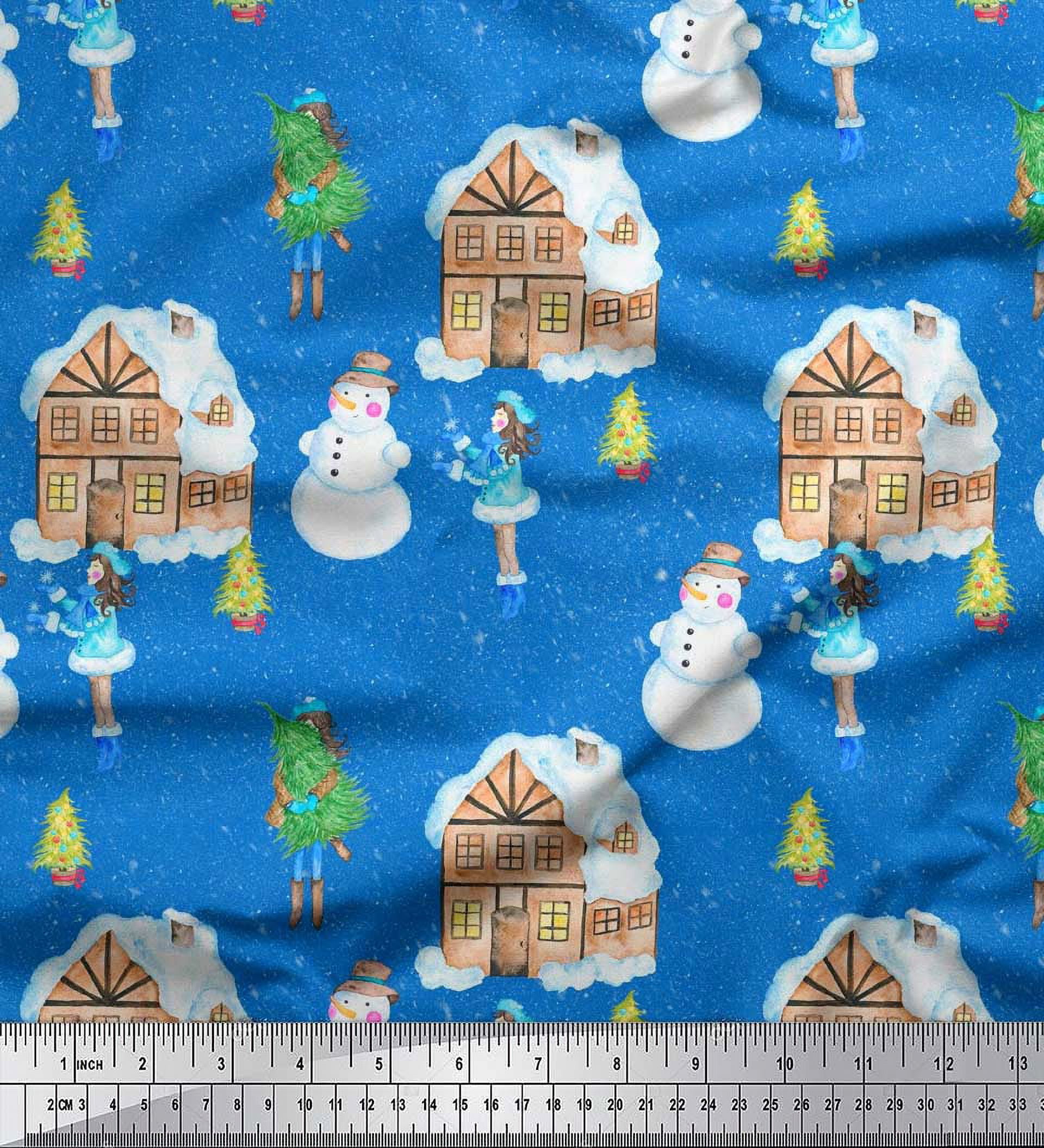 Soimoi Blue Cotton Voile Fabric Snowman,House & Tree Christmas Fabric Prints By Yard 42 Inch Wide