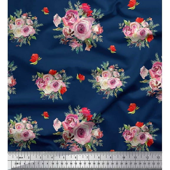Soimoi Blue Cotton Voile Fabric Spruce Leaves & Rose Floral Print Fabric by the Yard 42 Inch Wide