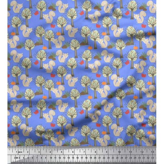 Soimoi Blue Cotton Voile Fabric Squirrel & Dry Tree Fabric Prints By Yard 42 Inch Wide