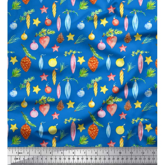 Soimoi Blue Cotton Voile Fabric Star & Baubles Christmas Fabric Prints By Yard 42 Inch Wide