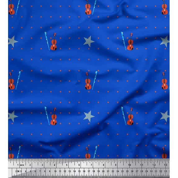 Soimoi Blue Cotton Voile Fabric Stars & Violin Musical Instrument Print Fabric by Yard 56 Inch Wide