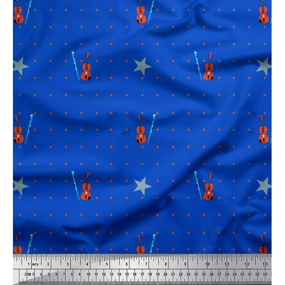 Soimoi Blue Cotton Voile Fabric Stars & Violin Musical Instrument Print Fabric by the Yard 42 Inch Wide