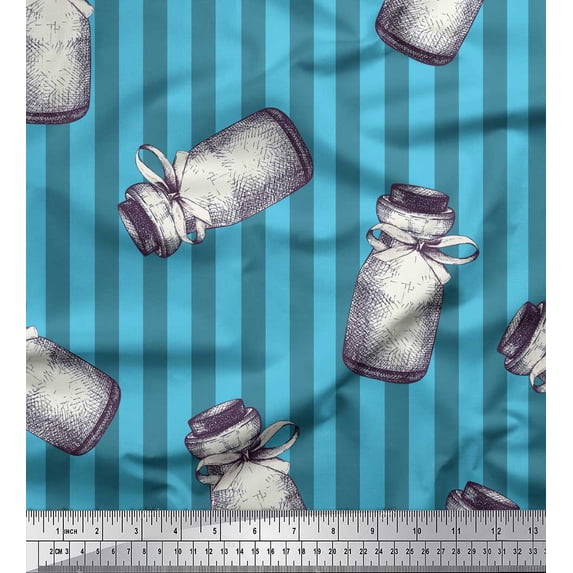 Soimoi Blue Cotton Voile Fabric Stripe & Jar Kitchen Print Sewing Fabric Yard 56 Inch Wide