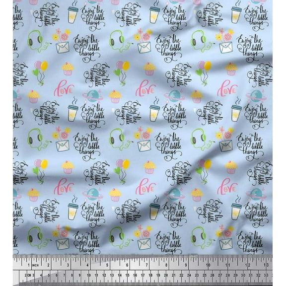Soimoi Blue Cotton Voile Fabric Text & Cupcakes Food Print Fabric by Yard 42 Inch Wide