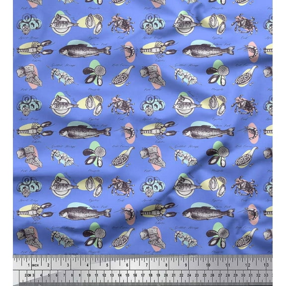 Soimoi Blue Cotton Voile Fabric Text & Sea Food Kitchen Fabric Prints By Yard 42 Inch Wide