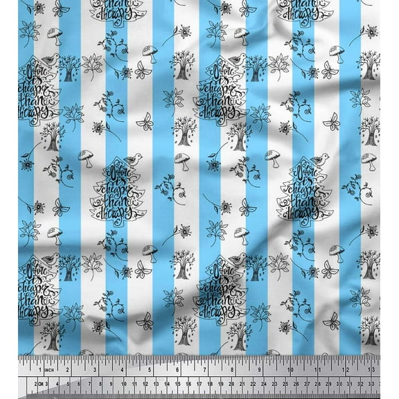 Soimoi Blue Cotton Voile Fabric Text & Tree Stripe Printed Fabric 1 Yard 42 Inch Wide