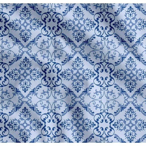 Soimoi Blue Cotton Voile Fabric Vector Design Damask Print Fabric by Yard 58 Inch Wide
