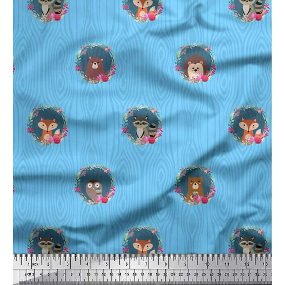 Soimoi Blue Cotton Voile Fabric Wreath & Animals Tribal Decor Fabric Printed Yard 42 Inch Wide