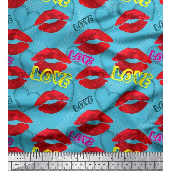 Soimoi Blue Crepe Silk Fabric Text,Lips & Heart Print Sewing Fabric Yard 42 Inch Wide