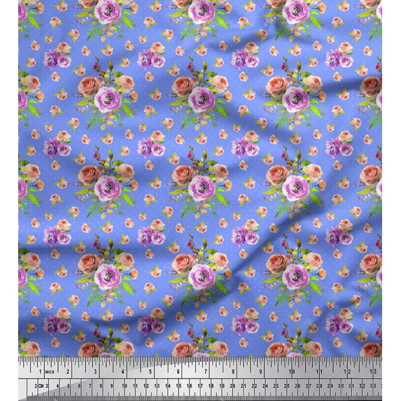 Soimoi Blue Georgette Viscose Fabric Blooming Camellias & Rose Floral Printed Fabric 1 Yard 44 Inch Wide