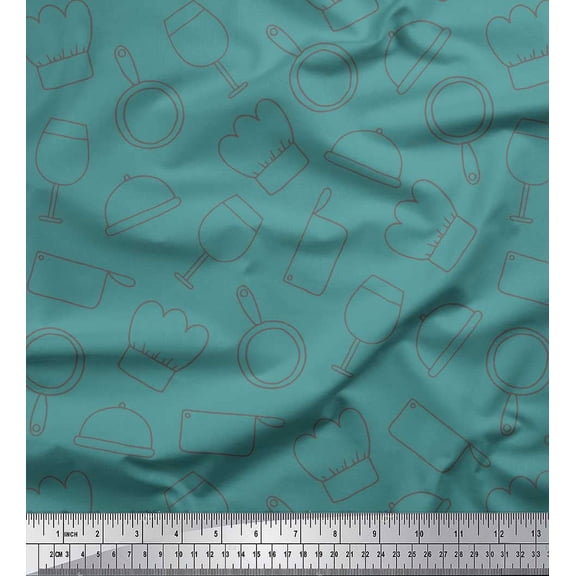 Soimoi Blue Georgette Viscose Fabric Chef Cap & Fry Pan Kitchen Print Sewing Fabric Yard 42 Inch Wide