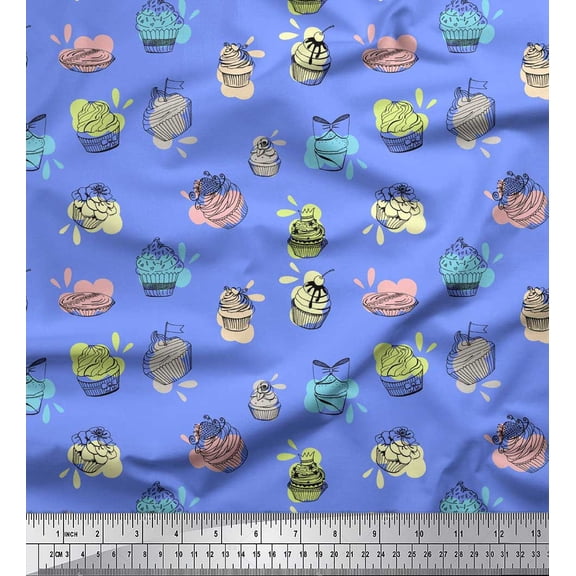 Soimoi Blue Georgette Viscose Fabric Cupcakes Food Print Fabric by the Yard 42 Inch Wide