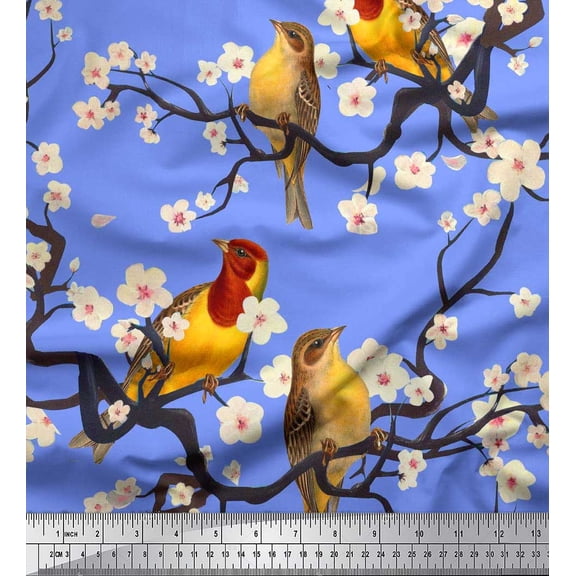Soimoi Blue Georgette Viscose Fabric Fish,Bird & Yacht Bird Printed Fabric 1 Yard 42 Inch Wide