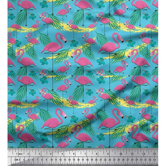 Soimoi Blue Georgette Viscose Fabric Palm Leaves & Flamingo Bird Print Fabric by the Yard 42 Inch Wide