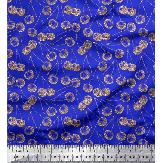 Soimoi Blue Heavy Canvas Fabric Cherries Fruits Printed Fabric 1 Yard 58 Inch Wide