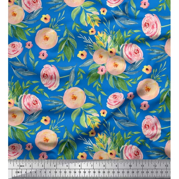 Soimoi Blue Heavy Canvas Fabric Leaves & Ranunculus Floral Print Fabric by the Yard 58 Inch Wide