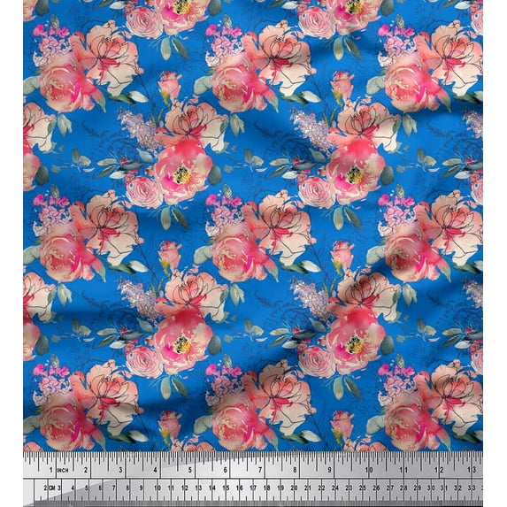 Soimoi Blue Heavy Canvas Fabric Ranunculus & Roses Floral Print Sewing Fabric Yard 58 Inch Wide