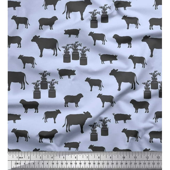 Soimoi Blue Heavy Canvas Fabric Stencil Cow & Pig Animal Fabric Prints By Yard 58 Inch Wide