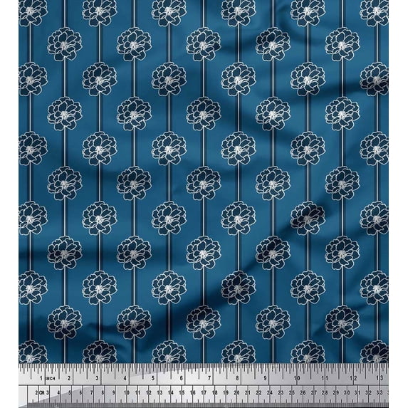 Soimoi Blue Heavy Canvas Fabric Stripe & Peony Floral Printed Fabric 1 Yard 58 Inch Wide