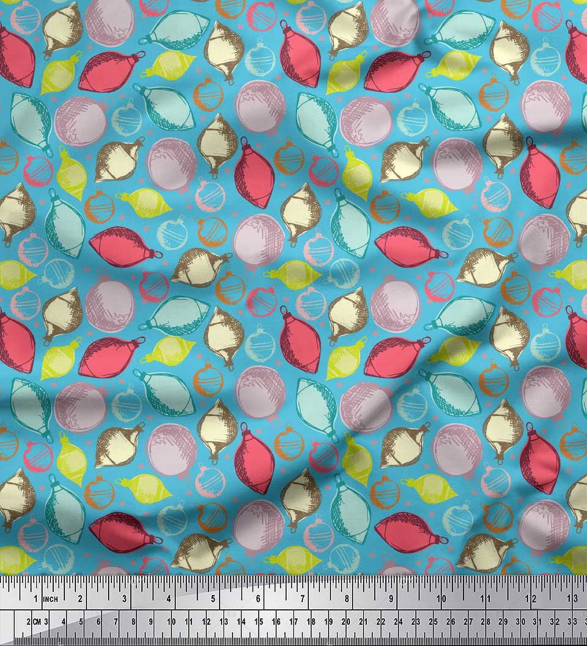 Soimoi Blue Heavy Satin Fabric Dot & Ornaments Christmas Printed Fabric 1 Yard 54 Inch Wide