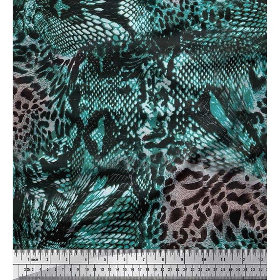Soimoi Blue Heavy Satin Fabric Fish & Leopard Animal Skin Printed Fabric 1 Yard 54 Inch Wide