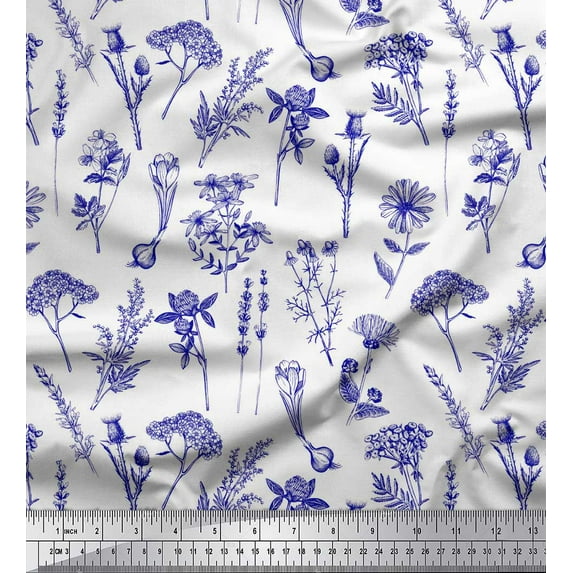 Soimoi Blue Heavy Satin Fabric Leaves & Primrose Floral Printed Fabric 1 Yard 54 Inch Wide