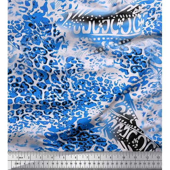 Soimoi Blue Heavy Satin Fabric Leopard Animal Skin Printed Craft Fabric by the Yard 54 Inch Wide