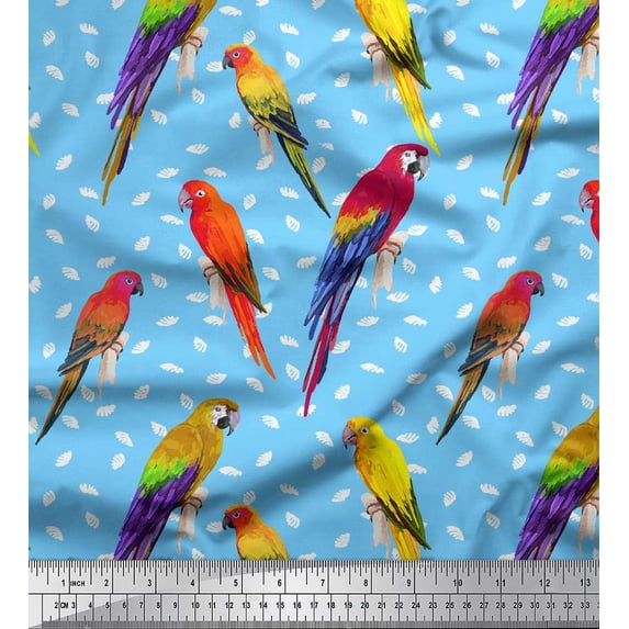 Soimoi Blue Heavy Satin Fabric Macaw Parrot Bird Decor Fabric Printed Yard 56 Inch Wide