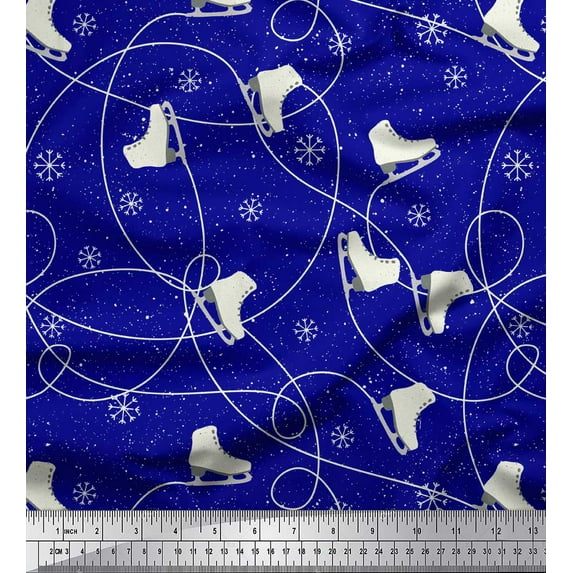 Soimoi Blue Heavy Satin Fabric Snow Flake & Ice Skates Travel Print Fabric by Yard 54 Inch Wide
