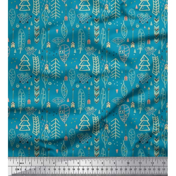 Soimoi Blue Japan Crepe Satin Fabric Arrow & Feather Tribal Print Fabric by the Yard 42 Inch Wide