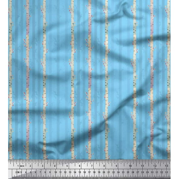 Soimoi Blue Japan Crepe Satin Fabric Leaves & Bamboo Tree Print Fabric by the Yard 42 Inch Wide