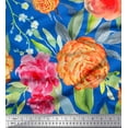 thumbnail image 1 of Soimoi Blue Japan Crepe Satin Fabric Leaves,Peach & Pink Floral Printed Fabric 1 Yard 42 Inch Wide, 1 of 1