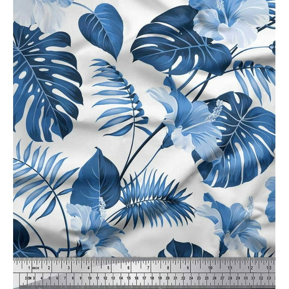 Soimoi Blue Japan Crepe Satin Fabric Monstera Leaf & Floral Printed Craft Fabric by the Yard 42 Inch Wide