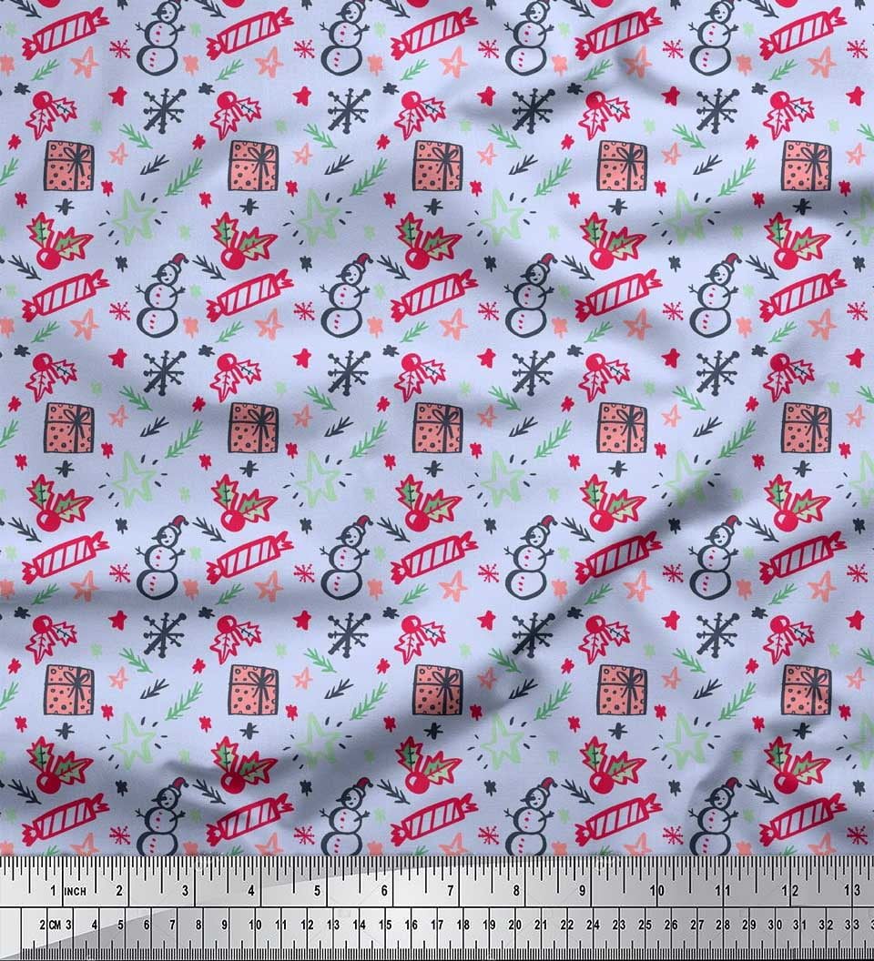 Soimoi Blue Japan Crepe Satin Fabric Snowman,Candies & Gift Box Christmas Fabric Prints By Yard 42 Inch Wide