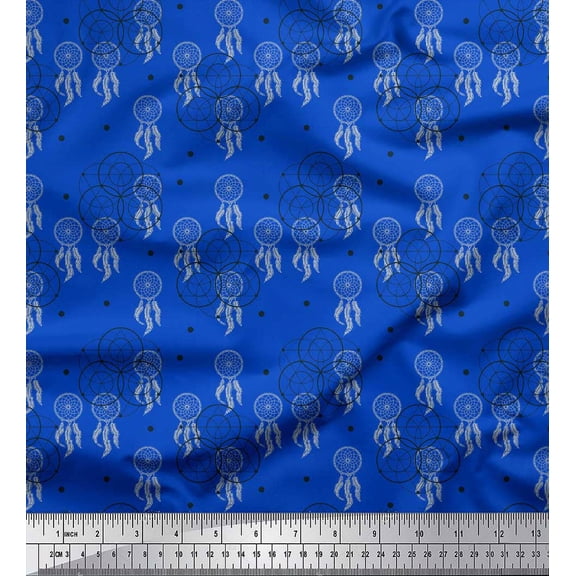 Soimoi Blue Japan Crepe Satin Fabric Star Tetrahedron Geometric Print Sewing Fabric Yard 44 Inch Wide