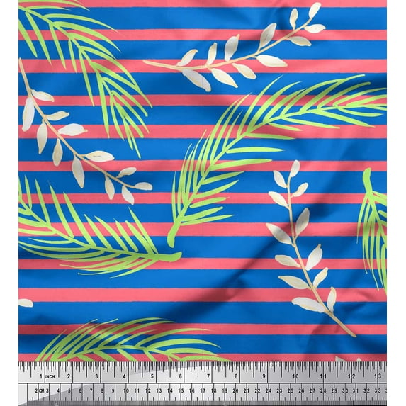 Soimoi Blue Japan Crepe Satin Fabric Stripe & Palm Leaves Fabric Prints By Yard 44 Inch Wide