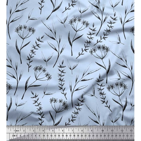 Soimoi Blue Moss Georgette Fabric Flower Leaves Fabric Prints By Yard 44 Inch Wide