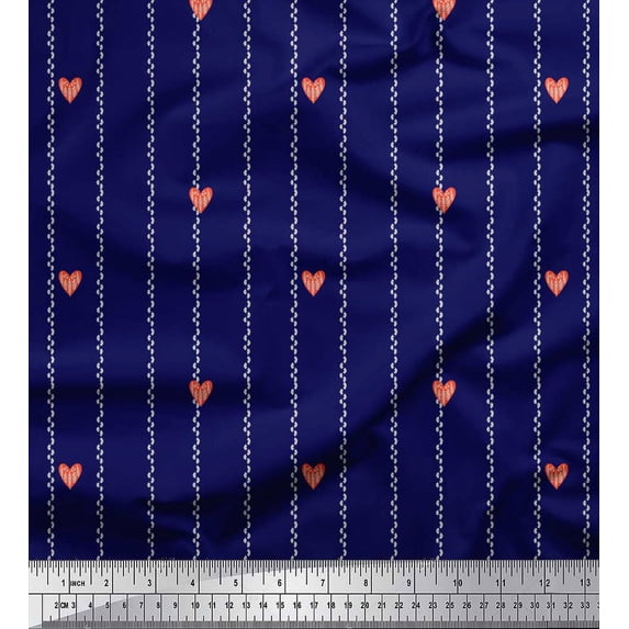 Soimoi Blue Moss Georgette Fabric Folk Art Heart & Stripe Print Fabric by the Yard 42 Inch Wide