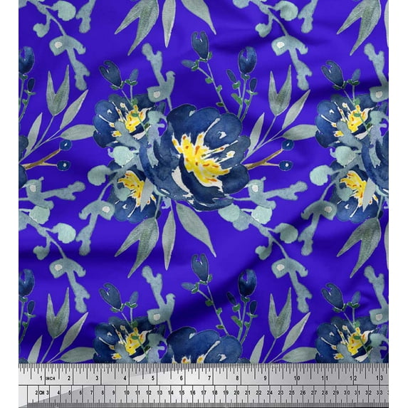 Soimoi Blue Moss Georgette Fabric Leaves & Peony Floral Decor Fabric Printed Yard 44 Inch Wide
