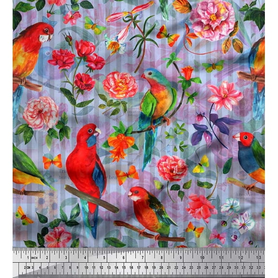 Soimoi Blue Moss Georgette Fabric Stripe,Floral & Parrot Bird Print Fabric by The Yard 42 Inch Wide