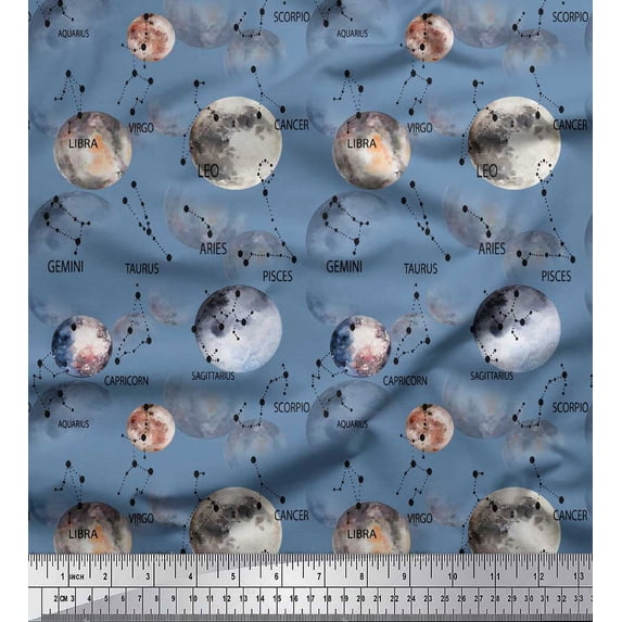 Soimoi Blue Moss Georgette Fabric Zodiac Text & Planet Galaxy Print Fabric by the Yard 44 Inch Wide