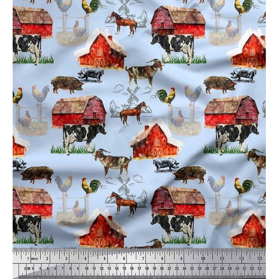 Soimoi Blue Poly Georgette Fabric Barn & Pet Animals Farm Print Sewing Fabric Yard 52 Inch Wide