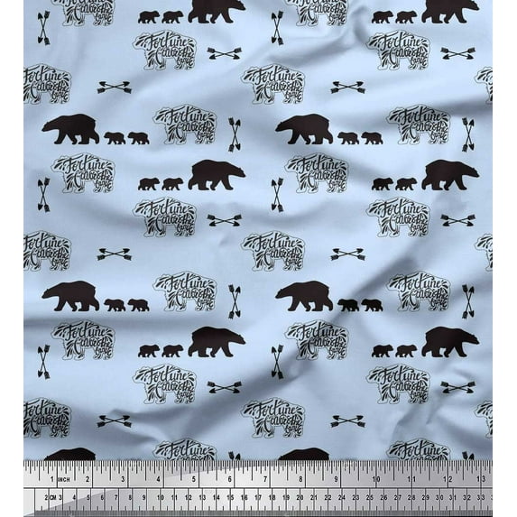 Soimoi Blue Poly Georgette Fabric Bear & Text Printed Fabric 1 Yard 52 Inch Wide