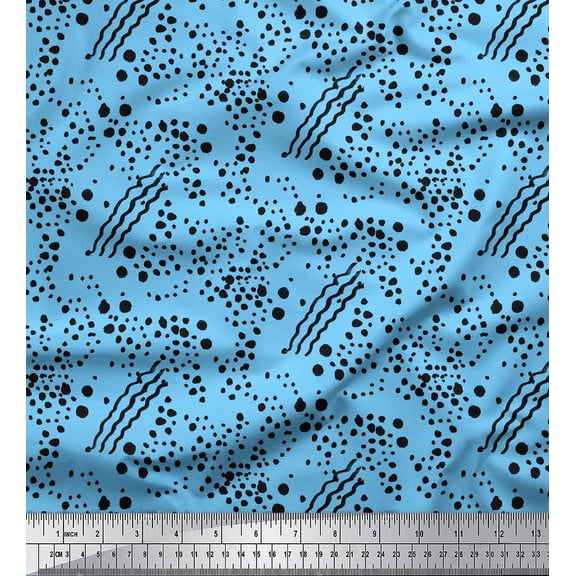 Soimoi Blue Poly Georgette Fabric Brush Stroke & Dots Abstract Fabric Prints By Yard 42 Inch Wide